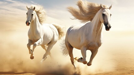 The image shows two white horses galloping together with intense energy. They are in mid-stride, with their hooves lifted off the ground, suggesting a sense of motion and freedom. The horses' manes an - obrazy, fototapety, plakaty