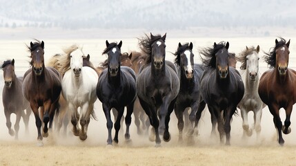 The image is a stunning capture of a group of horses running towards the camera. There seems to be eleven horses of different colors including black, dark brown, tan, and white. They are galloping pow - obrazy, fototapety, plakaty
