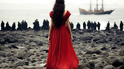 This image features a woman standing on a rocky shore facing the sea. She is wearing a flowing red dress, with her back turned to the camera, and her long dark hair cascading down her back. In front o - obrazy, fototapety, plakaty