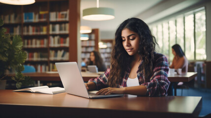 Student, female and portrait of a young girl working, doing an assignment or researching on a laptop in a school or college library. Confident, Indian, female teen doing homework in an information ce