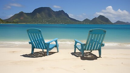 The image shows a scenic tropical beach with two blue Adirondack chairs facing the sea. The sand is white and pristine, and gentle waves are lapping the shore. In the background, there is a clear blue