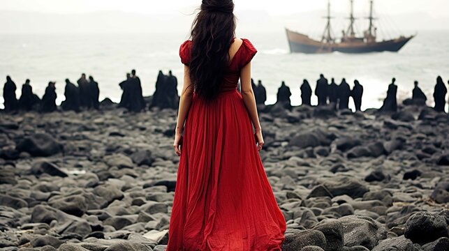 This image features a woman standing on a rocky shore facing the sea. She is wearing a flowing red dress, with her back turned to the camera, and her long dark hair cascading down her back. In front o