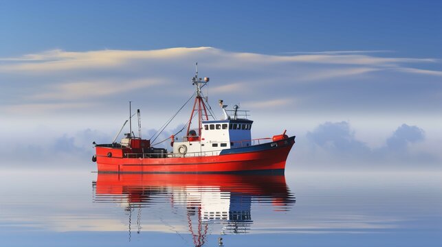 The image features a red fishing boat with white accents and a blue hull floating on a calm body of water. The water is so tranquil that it mirrors the sky and the boat, creating a clear and almost pe