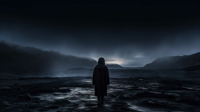 The image features a solitary figure standing in a desolate, dark landscape. The figure is seen from behind, wearing a long cloak with a hood, gazing towards the horizon where the last light of day is