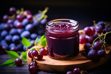 A close-up shot of a jar of homemade grape jelly, glistening under soft light, with a spoonful of the purple delight resting beside it on a rustic wooden table