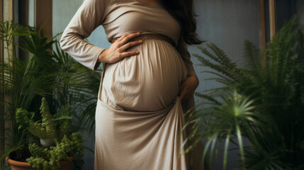 Pregnant, woman and mother touching or caressing her belly while relaxing at home. Expecting, mom to be and cropped of a female rubbing her stomach and preparing for motherhood and childbirth