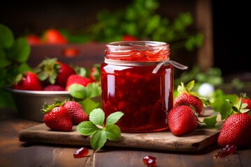 A vibrant, homemade strawberry jam, glistening in a rustic mason jar, surrounded by fresh strawberries and leaves, set against a vintage wooden background