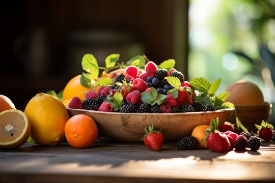 A close-up shot of a bunch of ripe Icaco fruits, freshly picked from the tree, displayed in a rustic wooden bowl on a sunlit kitchen table