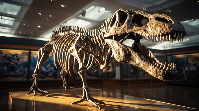 A Tyrannosaurus rex skeleton on display in a museum.
