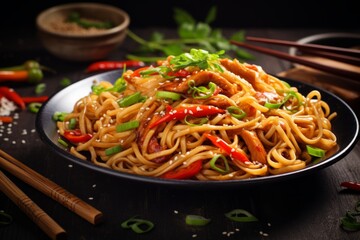 A mouthwatering photo of a traditional Lo Mein dish served in a ceramic bowl, garnished with fresh spring onions and sesame seeds, with chopsticks resting on the side