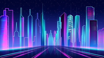 neon cityscape with futuristic city, cartoon vector illustration, game background - obrazy, fototapety, plakaty