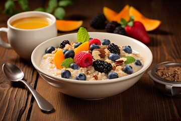A comforting bowl of oatmeal topped with fresh fruits, nuts, and a drizzle of honey, served on a rustic wooden table with a spoon, napkin, and a glass of orange juice on a sunny morning
