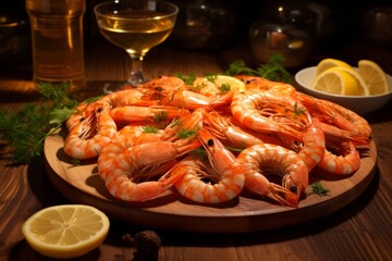 A vibrant platter of freshly cooked shrimp, garnished with slices of lemon and parsley, served on a rustic wooden table with a chilled glass of white wine