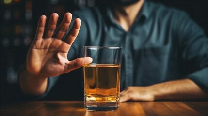 man smile and refuses say no and avoid to drink an alcohol whiskey , stopping hand sign male, alcoholism treatment, alcohol addiction, quit booze, Stop Drinking Alcohol. Refuse Glass liquor - obrazy, fototapety, plakaty