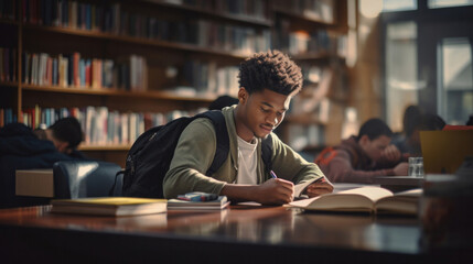 Student, male and portrait of a young guy doing an assignment or researching on a laptop in a school or college library. Confident, African American, male doing homework in an information centre - obrazy, fototapety, plakaty