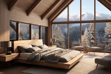 Bedroom interior in a modern wooden house in the mountains, Sunny weather. - obrazy, fototapety, plakaty