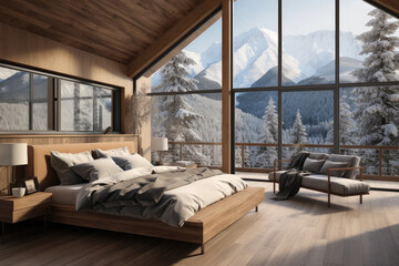 Bedroom interior in a modern wooden house in the mountains, Sunny weather.