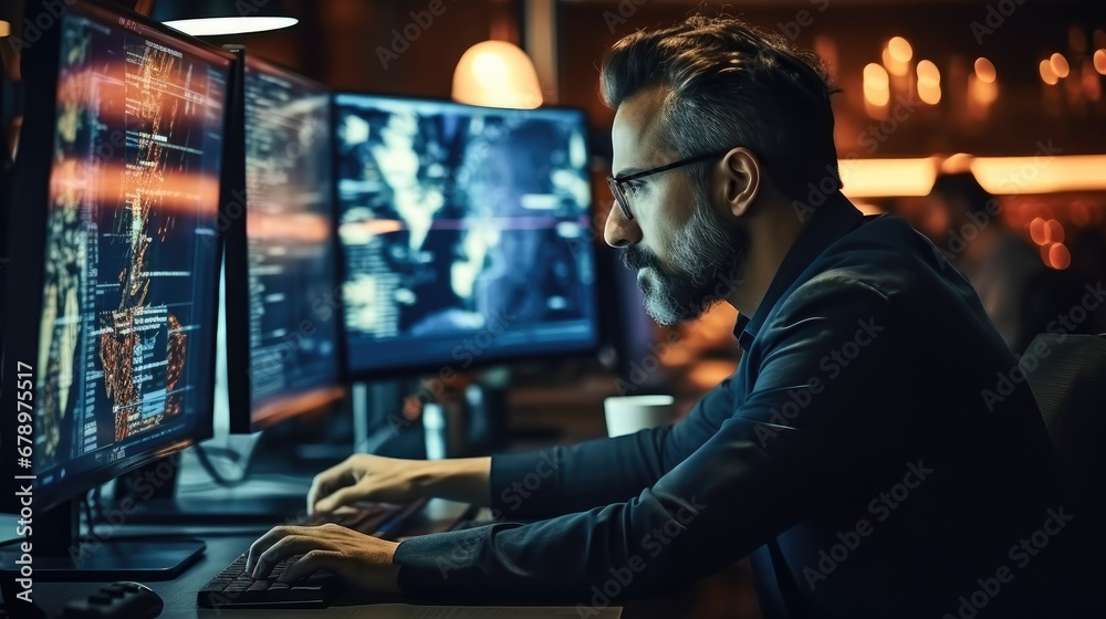 Poster Operational data analysis, Man trader at work on a computer with a multi-monitor workstation with various charts and digital data.