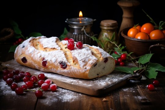 A freshly baked Buccellato, a traditional Italian sweet bread, adorned with colorful candied fruits and dusted with powdered sugar, served on a rustic wooden table
