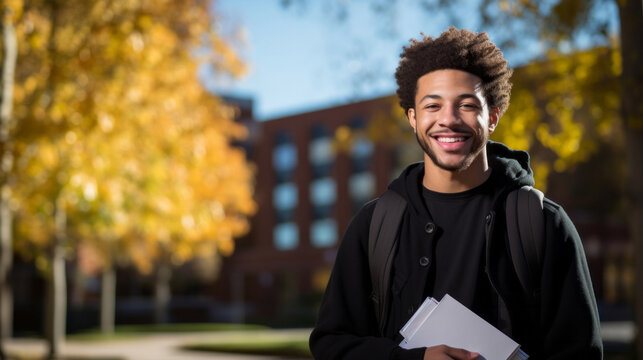 Happy, man or student portrait smiling wearing a backpack, at university, college or school. Confident, African American, and motivated youth male for studies, learning and higher education