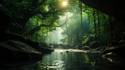Lush green forest, tropical rainforest, tranquil scene, mysterious - obrazy, fototapety, plakaty