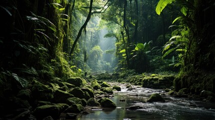 Lush green forest, tropical rainforest, tranquil scene, mysterious
