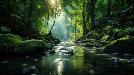 Obraz premium Lush green forest, tropical rainforest, tranquil scene, mysterious