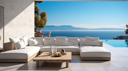 Obraz premium Interior modern open plan lounge patio close to the pool and ocean in background on one side behind the wall, White lounge suite.