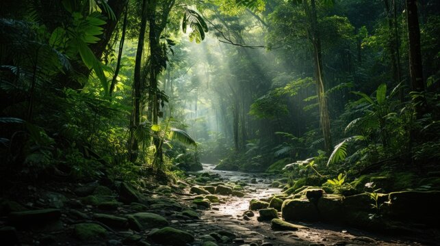 Fototapeta Lush green forest, tropical rainforest, tranquil scene, mysterious