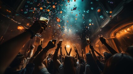 Nightclub celebration men and women toast - obrazy, fototapety, plakaty