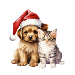 Cute puppy in a Santa Claus hat with a cat isolated on transparent background.