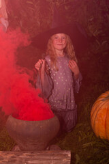 Halloween. A girl in a robe and hat. A little sorceress in the costume