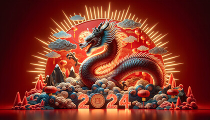 Obraz premium Chinese Dragon in Red Landscape with 2024 Emblem