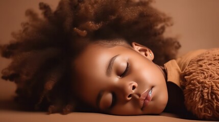 Cute afrikan's little girl lying on floor sleeping with closed eyes in light brown color background generative ai