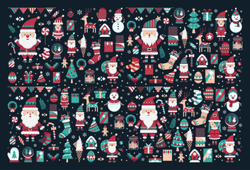 Vector set of cute Christmas icon illustration on black background. Clipart collection asset with Santa Claus, Snowman, Christmas trees. Seamless Christmas. wrapping paper