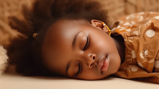 Cute afrikan's little girl lying on floor sleeping with closed eyes in light brown color background generative ai