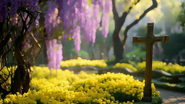 A serene scene of a cross dd with purple wisteria, standing tall against a backdrop of vibrant yellow daffodils and verdant vines in a peaceful garden.