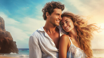 Portrait of a young couple enjoying on beautiful beach