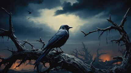Crow perched on a dead tree at night, Cloudy sky, Dust particles.