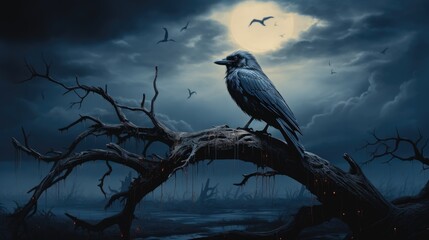Crow perched on a dead tree at night, Cloudy sky, Dust particles.