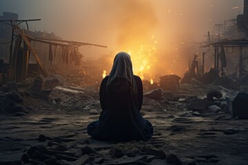 a muslim women sitting and watching a war zone