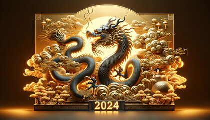 Chinese Dragon in gold Landscape with 2024 Emblem