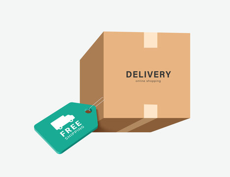 A brown parcel box or cardboard box floats in the air with a promotional label for free shipping hanging below for delivery advertising design