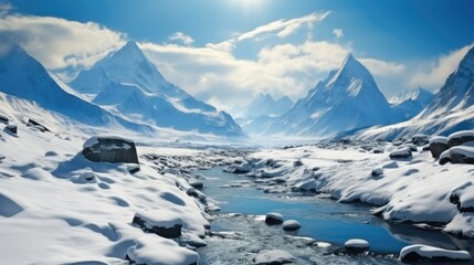 Fototapeta na wymiar Majestic snow capped mountains, Winter wonderland, Epic adventure.