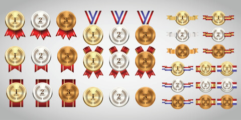 Gold, silver and bronze medals on ribbons realistic illustrations set - obrazy, fototapety, plakaty