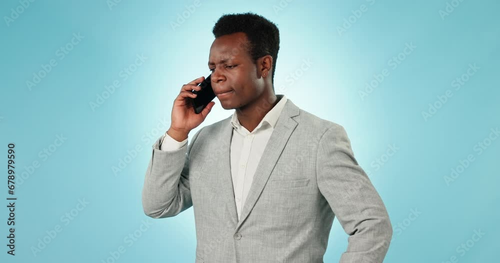 Poster businessman, phone and sad communication in studio for networking, discussion or conversation on blu