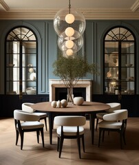 Elegant Dining Room: Wooden Floors and a Dazzling Chandelier Illuminate the Space