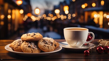 Cup of hot drink and cookies on blurred background - obrazy, fototapety, plakaty