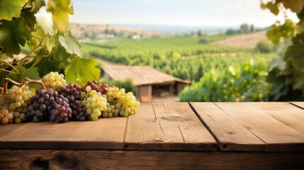 Product display template empty old wooden boards table with grape farm in background.