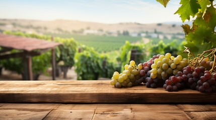 Product display template empty old wooden boards table with grape farm in background.